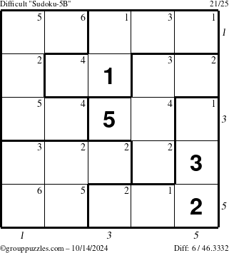 The grouppuzzles.com Difficult Sudoku-5B puzzle for Monday October 14, 2024 with all 6 steps marked