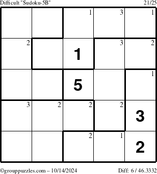 The grouppuzzles.com Difficult Sudoku-5B puzzle for Monday October 14, 2024 with the first 3 steps marked