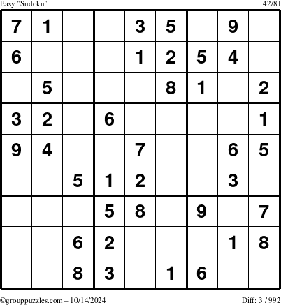 The grouppuzzles.com Easy Sudoku puzzle for Monday October 14, 2024