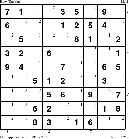 The grouppuzzles.com Easy Sudoku puzzle for Monday October 14, 2024, suitable for printing, with all 3 steps marked