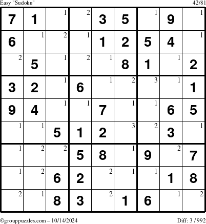 The grouppuzzles.com Easy Sudoku puzzle for Monday October 14, 2024 with the first 3 steps marked