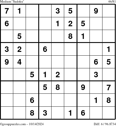 The grouppuzzles.com Medium Sudoku puzzle for Monday October 14, 2024