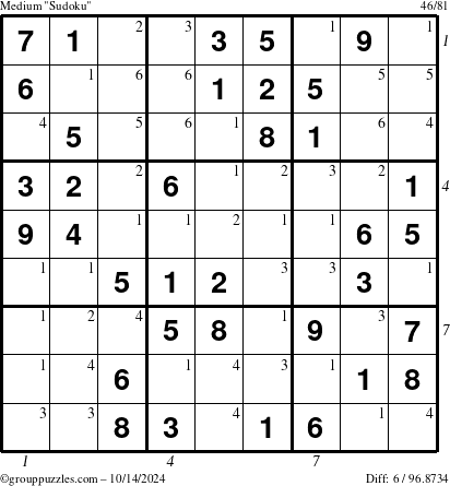 The grouppuzzles.com Medium Sudoku puzzle for Monday October 14, 2024 with all 6 steps marked