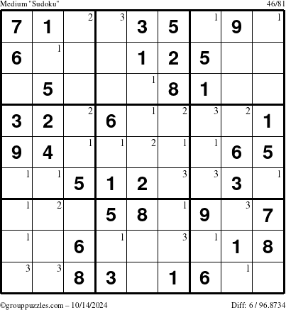 The grouppuzzles.com Medium Sudoku puzzle for Monday October 14, 2024 with the first 3 steps marked