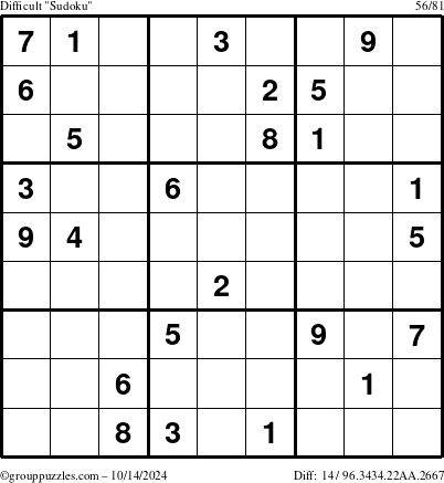 The grouppuzzles.com Difficult Sudoku puzzle for Monday October 14, 2024