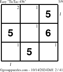 The grouppuzzles.com Easy TicTac-456 puzzle for Monday October 14, 2024 with all 2 steps marked