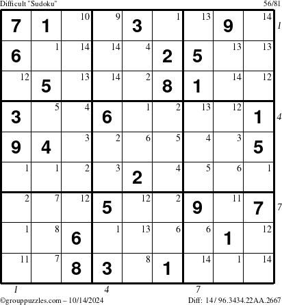 The grouppuzzles.com Difficult Sudoku puzzle for Monday October 14, 2024, suitable for printing, with all 14 steps marked