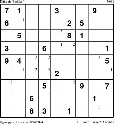 The grouppuzzles.com Difficult Sudoku puzzle for Monday October 14, 2024 with the first 3 steps marked