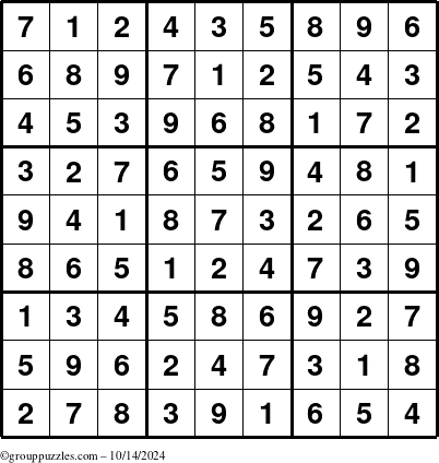 The grouppuzzles.com Answer grid for the Sudoku puzzle for Monday October 14, 2024