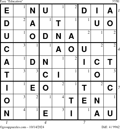 The grouppuzzles.com Easy Education-c1 puzzle for Monday October 14, 2024, suitable for printing, with all 4 steps marked