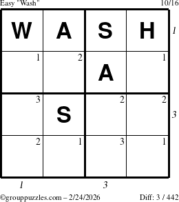 The grouppuzzles.com Easy Wash puzzle for Tuesday February 24, 2026, suitable for printing, with all 3 steps marked