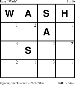 The grouppuzzles.com Easy Wash puzzle for Tuesday February 24, 2026 with the first 3 steps marked