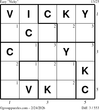 The grouppuzzles.com Easy Vicky puzzle for Tuesday February 24, 2026, suitable for printing, with all 3 steps marked
