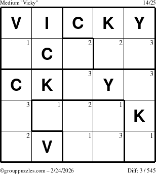 The grouppuzzles.com Medium Vicky puzzle for Tuesday February 24, 2026 with the first 3 steps marked