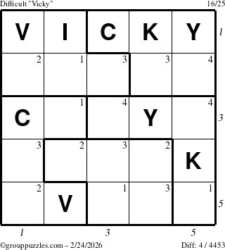 The grouppuzzles.com Difficult Vicky puzzle for Tuesday February 24, 2026, suitable for printing, with all 4 steps marked