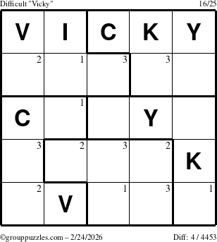 The grouppuzzles.com Difficult Vicky puzzle for Tuesday February 24, 2026 with the first 3 steps marked