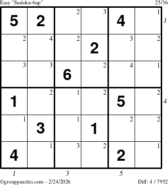 The grouppuzzles.com Easy Sudoku-6up puzzle for Tuesday February 24, 2026 with all 4 steps marked
