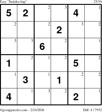 The grouppuzzles.com Easy Sudoku-6up puzzle for Tuesday February 24, 2026 with the first 3 steps marked