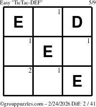 The grouppuzzles.com Easy TicTac-DEF puzzle for Tuesday February 24, 2026 with the first 2 steps marked