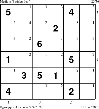 The grouppuzzles.com Medium Sudoku-6up puzzle for Tuesday February 24, 2026, suitable for printing, with all 4 steps marked