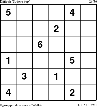 The grouppuzzles.com Difficult Sudoku-6up puzzle for Tuesday February 24, 2026