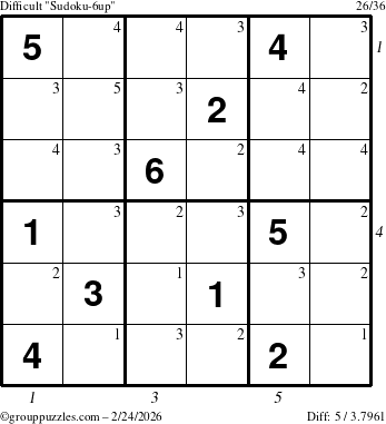The grouppuzzles.com Difficult Sudoku-6up puzzle for Tuesday February 24, 2026, suitable for printing, with all 5 steps marked