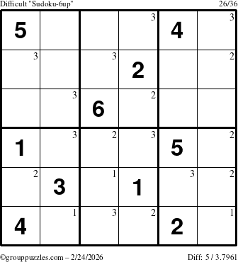 The grouppuzzles.com Difficult Sudoku-6up puzzle for Tuesday February 24, 2026 with the first 3 steps marked