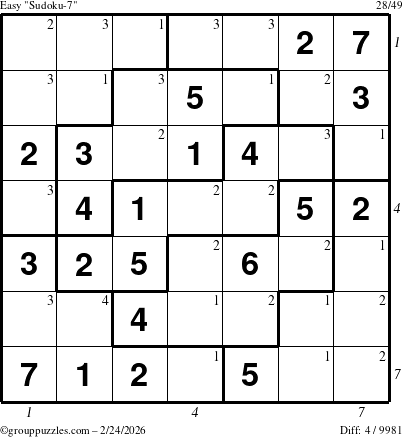 The grouppuzzles.com Easy Sudoku-7 puzzle for Tuesday February 24, 2026, suitable for printing, with all 4 steps marked