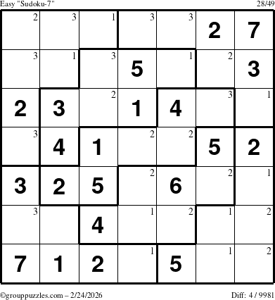 The grouppuzzles.com Easy Sudoku-7 puzzle for Tuesday February 24, 2026 with the first 3 steps marked