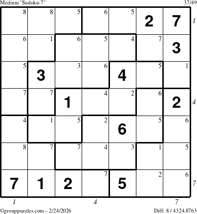 The grouppuzzles.com Medium Sudoku-7 puzzle for Tuesday February 24, 2026, suitable for printing, with all 8 steps marked