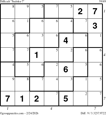 The grouppuzzles.com Difficult Sudoku-7 puzzle for Tuesday February 24, 2026 with all 9 steps marked