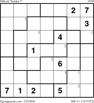 The grouppuzzles.com Difficult Sudoku-7 puzzle for Tuesday February 24, 2026 with the first 3 steps marked