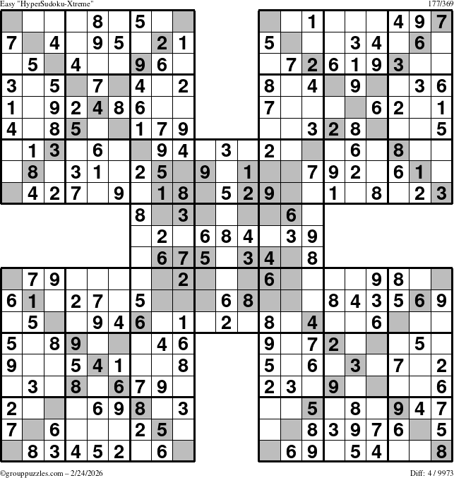 The grouppuzzles.com Easy HyperSudoku-Xtreme puzzle for Tuesday February 24, 2026
