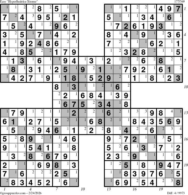The grouppuzzles.com Easy HyperSudoku-Xtreme puzzle for Tuesday February 24, 2026, suitable for printing, with all 4 steps marked
