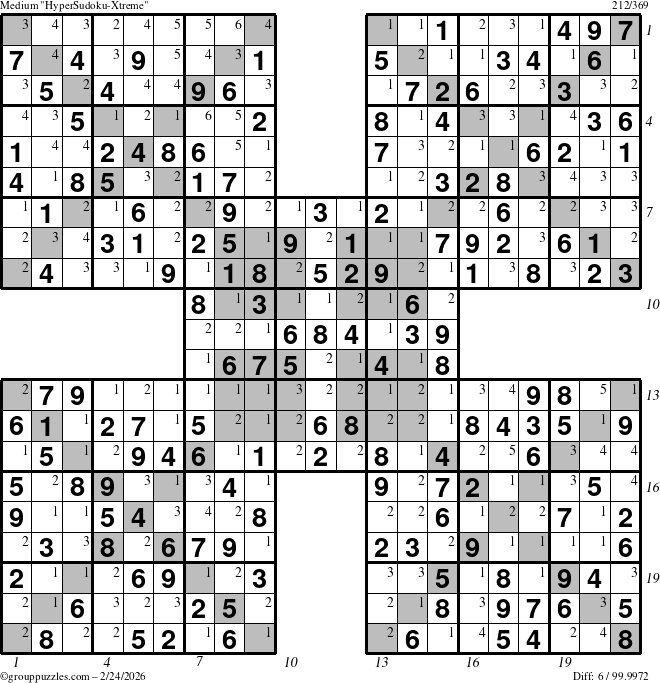 The grouppuzzles.com Medium HyperSudoku-Xtreme puzzle for Tuesday February 24, 2026, suitable for printing, with all 6 steps marked