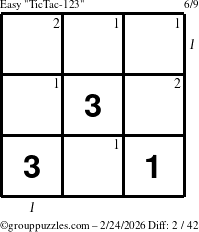 The grouppuzzles.com Easy TicTac-123 puzzle for Tuesday February 24, 2026 with all 2 steps marked