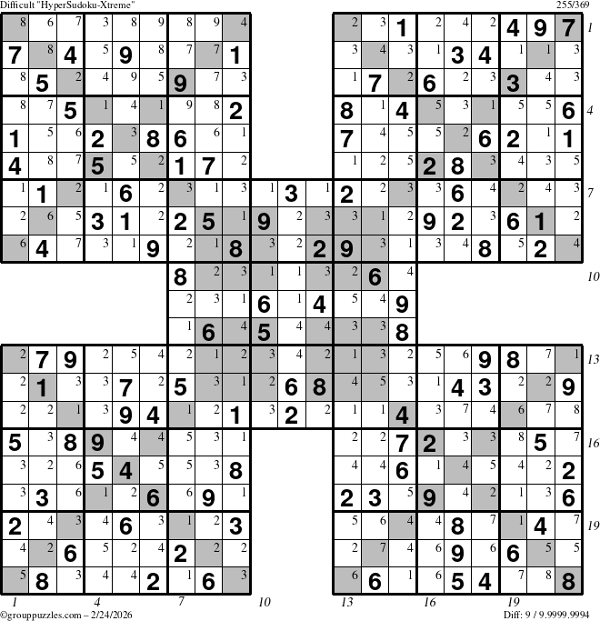 The grouppuzzles.com Difficult HyperSudoku-Xtreme puzzle for Tuesday February 24, 2026, suitable for printing, with all 9 steps marked