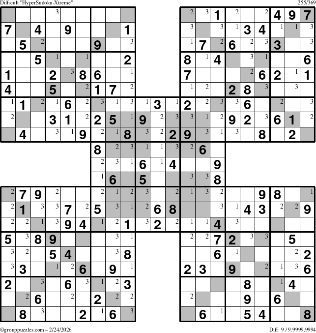 The grouppuzzles.com Difficult HyperSudoku-Xtreme puzzle for Tuesday February 24, 2026 with the first 3 steps marked