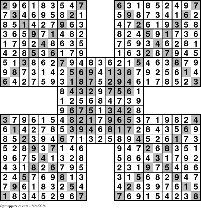 The grouppuzzles.com Answer grid for the HyperSudoku-Xtreme puzzle for Tuesday February 24, 2026