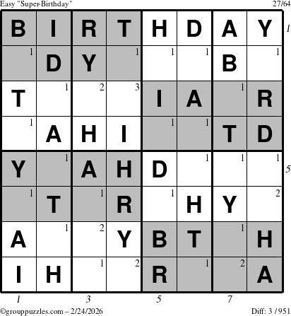 The grouppuzzles.com Easy Super-Birthday puzzle for Tuesday February 24, 2026, suitable for printing, with all 3 steps marked