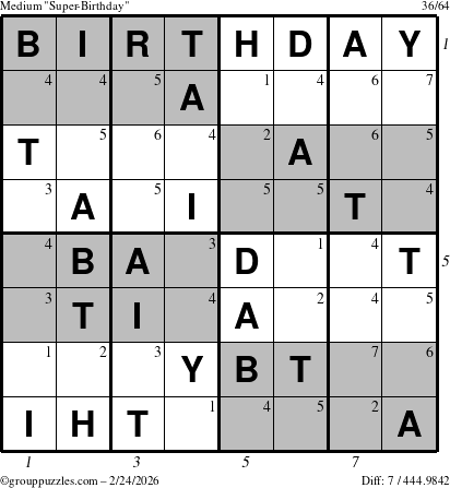 The grouppuzzles.com Medium Super-Birthday puzzle for Tuesday February 24, 2026 with all 7 steps marked
