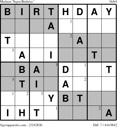 The grouppuzzles.com Medium Super-Birthday puzzle for Tuesday February 24, 2026 with the first 3 steps marked