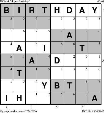 The grouppuzzles.com Difficult Super-Birthday puzzle for Tuesday February 24, 2026 with all 8 steps marked