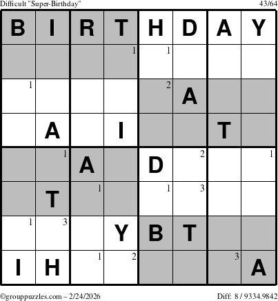 The grouppuzzles.com Difficult Super-Birthday puzzle for Tuesday February 24, 2026 with the first 3 steps marked