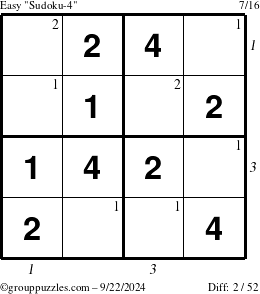 The grouppuzzles.com Easy Sudoku-4 puzzle for Sunday September 22, 2024, suitable for printing, with all 2 steps marked