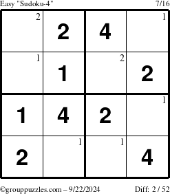 The grouppuzzles.com Easy Sudoku-4 puzzle for Sunday September 22, 2024 with the first 2 steps marked