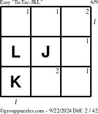 The grouppuzzles.com Easy TicTac-JKL puzzle for Sunday September 22, 2024 with all 2 steps marked