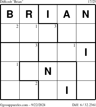 The grouppuzzles.com Difficult Brian puzzle for Sunday September 22, 2024 with the first 3 steps marked