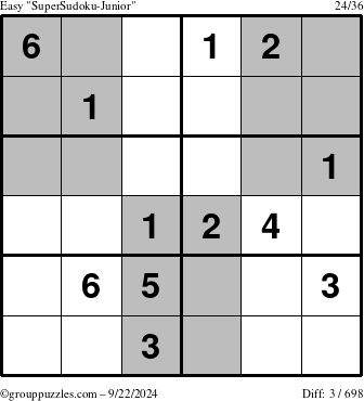 The grouppuzzles.com Easy SuperSudoku-Junior puzzle for Sunday September 22, 2024