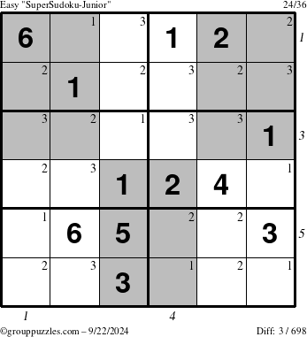 The grouppuzzles.com Easy SuperSudoku-Junior puzzle for Sunday September 22, 2024 with all 3 steps marked